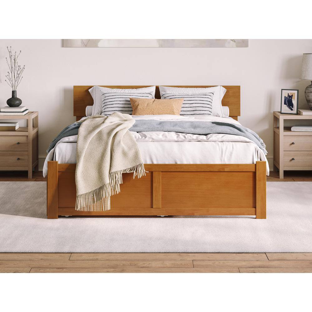 Light Brown Queen Wood Platform Bed with Storage Drawer