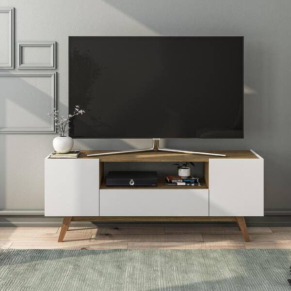 Polifurniture USA White and Walnut TV Stand Fits TVs up to 65 in. with Storage Doors