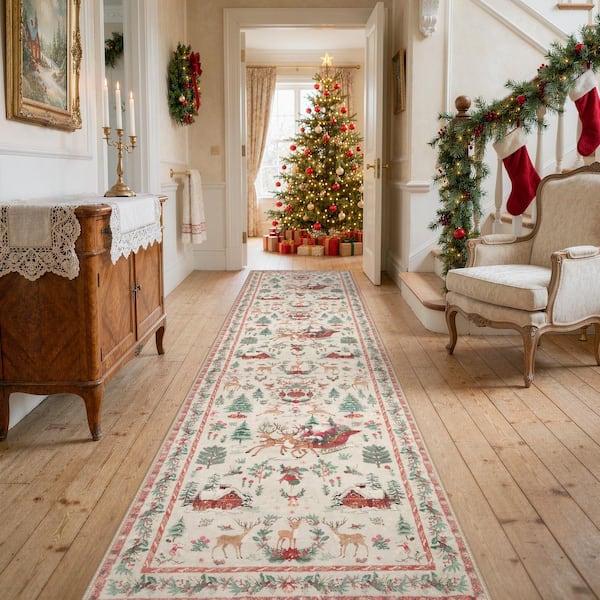 2 ft. x 10 ft. Beige Holiday Woodland Washable Runner Rug