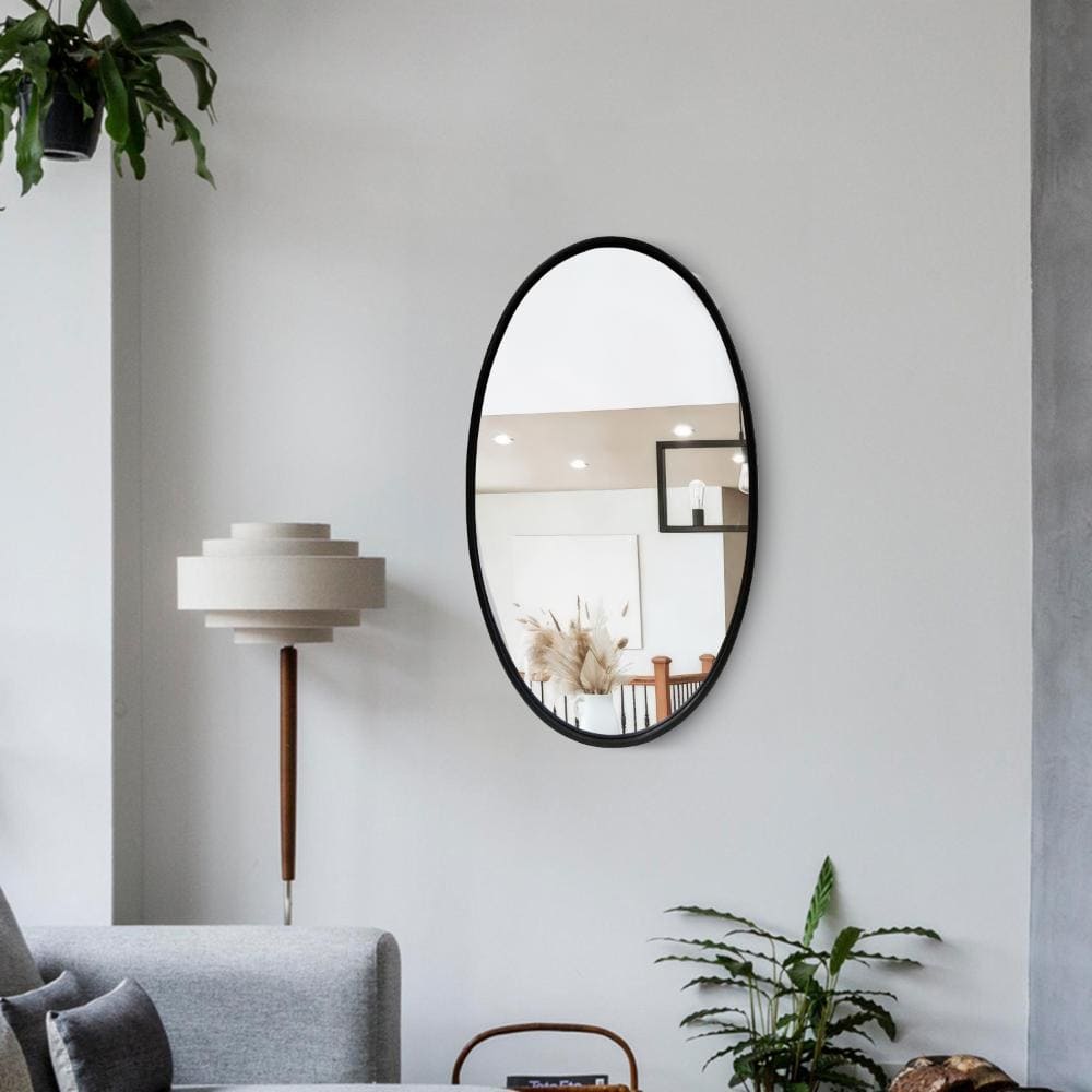 Elegant Oval Black Iron and Wood Wall Mirror