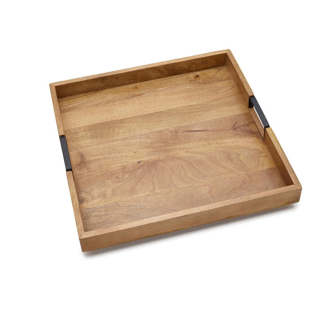 Mango Wood Square Lazy Susan with Wrought Iron Handles, 18-Inch