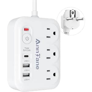 US to European International Plug Adapter 3 AC Outlets, 2 USB Type A, 1 USB Type C with 4 FT Extension Cord in White