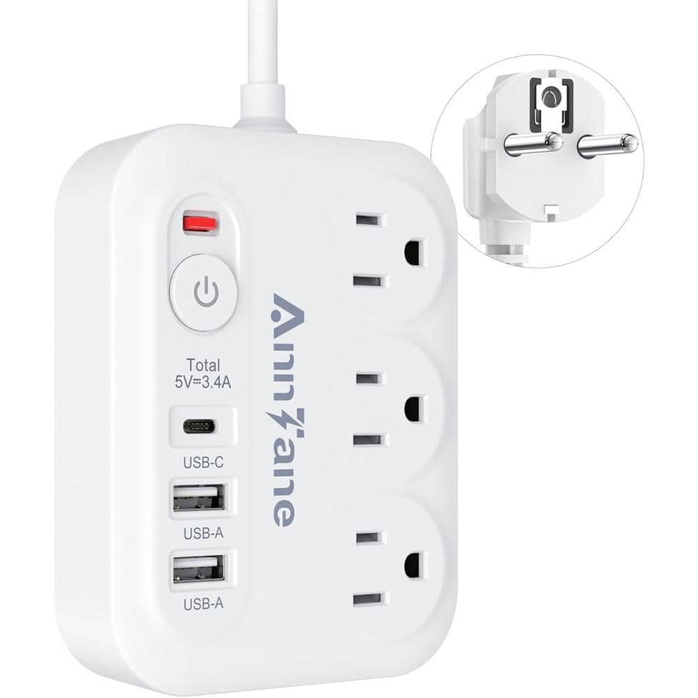 US to European International Plug Adapter 3 AC Outlets, 2 USB Type A, 1 USB Type C with 4 FT Extension Cord in White -  Etokfoks, MLSA04-3LT173