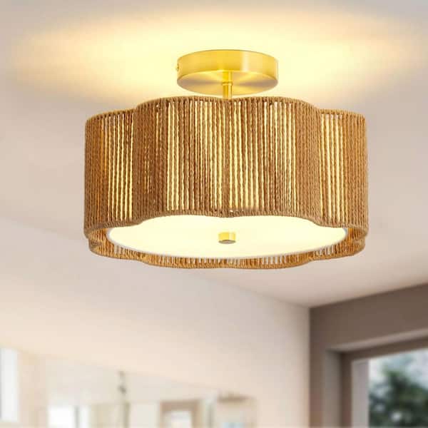 13.4 in. Rattan LED Flush Mount Ceiling Light Fixture for Bedroom Kitchen and Dining Room Bulbs Not Included-3E26