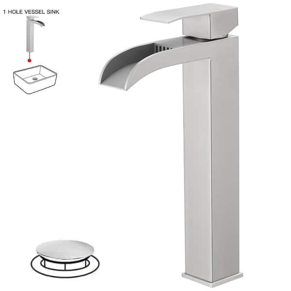 Waterfall Single Hole Single Handle Bathroom Vessel Sink Faucet With Drain Assembly in Brushed Nickel