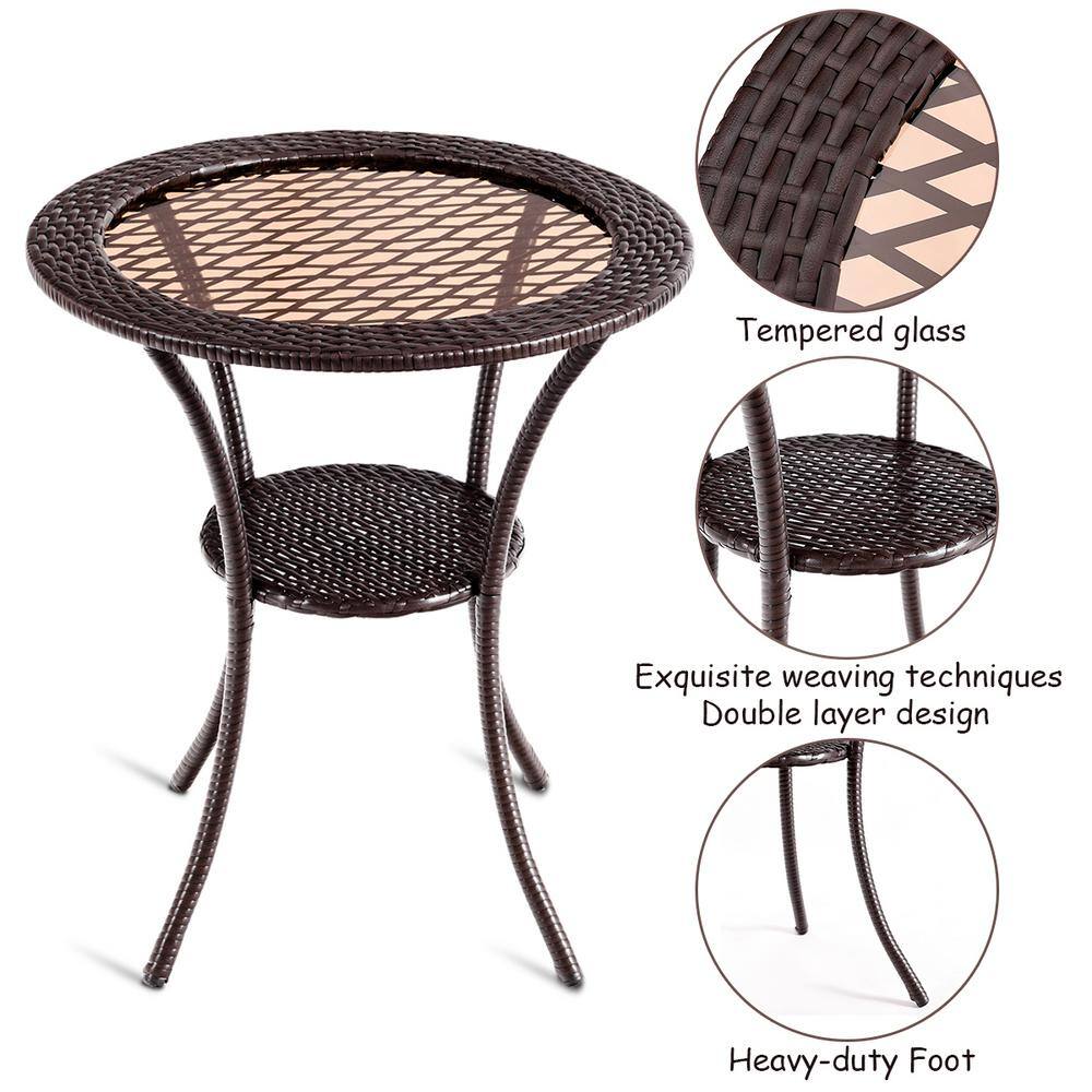 Outdoor Round Brown Rattan Wicker Coffee Table with Glass Top