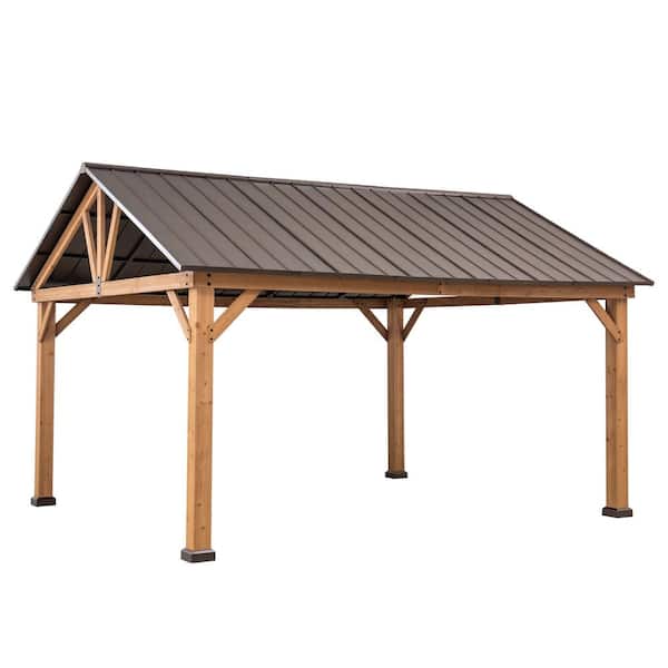 Sunjoy Wynn 13 ft. x 15 ft. Cedar Framed Gazebo with Brown Steel Gable Roof Hardtop