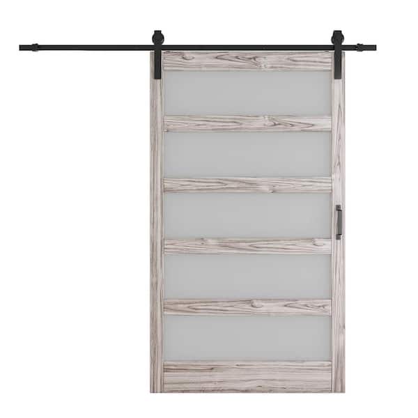 48in x 84in 5-Panel, Frosted Glass, Light Grey, Can't Be Painted, Finished MDF Sliding Barn Door with Hardware Kit
