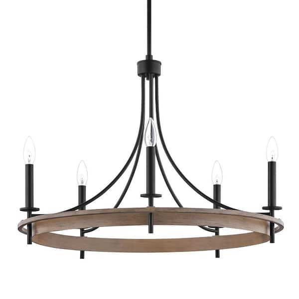 Woodbrier 5-Light Black and Medium Tone Wood Finish Chandelier