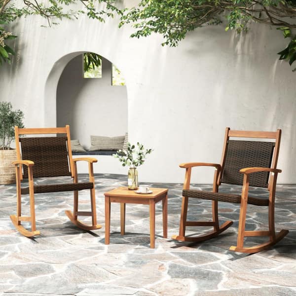 3-Piece Acacia Wood Patio Outdoor Rocking Chair Set with Side Table