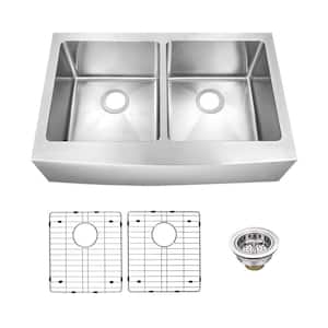 33 in. Farmhouse Apron Front Undermount 50/50 Double Bowl 16 Gauge Stainless Steel Kitchen Sink with Accessories