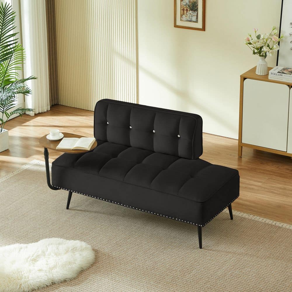 Udele Modern 54 in. Armless Velvet Upholstered Rectangle Sofa in Black with 360° Swivel Side Table