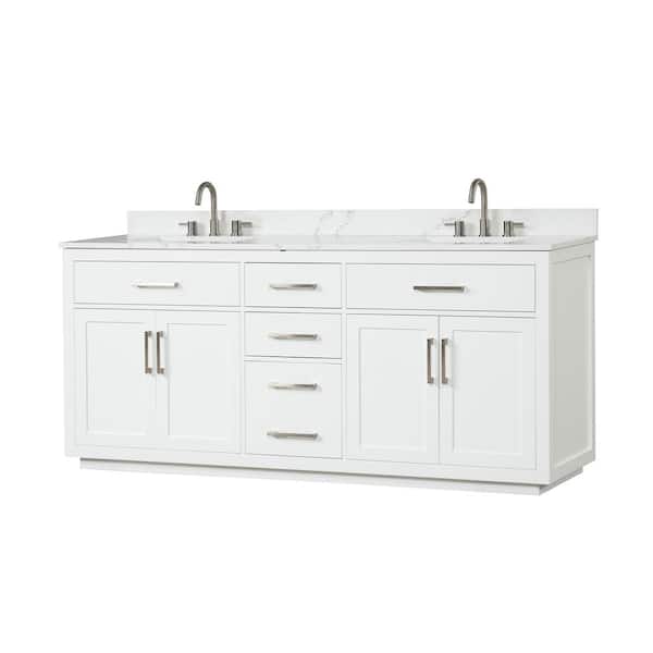 FUNKOL 22 in. D x 80 in. W x 36 in. H Double Sink Freestanding Bath Vanity in White with White Quartz Top