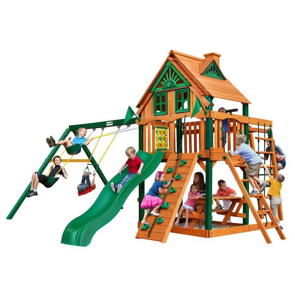Gorilla Playsets Navigator Treehouse Wooden Swing Set with Timber ShieldPosts, Monkey Bars, and Slide