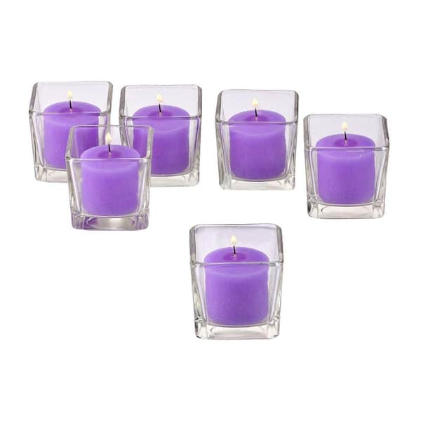 Light In The Dark Clear Glass Square Votive Candle Holders with Lavender Votive Candles (Set of 12)
