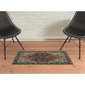 Blue Beige Tan Brown Gold and Rust Red 2 ft. x 3 ft. Oriental Power Loom Stain Resistant Area Rug with Fringe