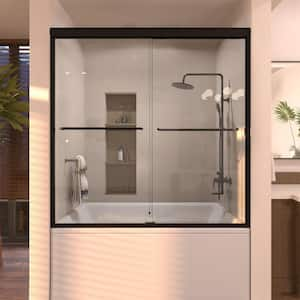 Ripple 60 in. W x 56 in. H Sliding Semi Frameless Tub Door in Matte Black Finish with Clear Glass