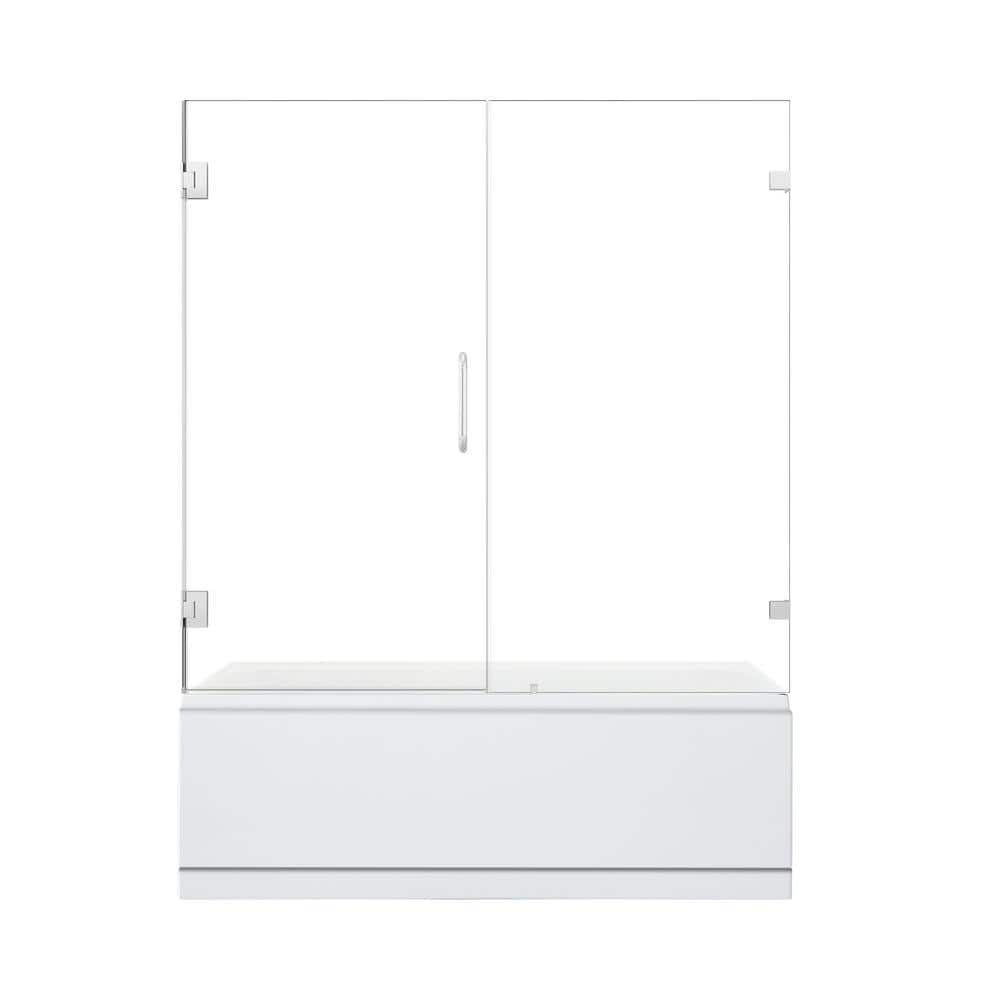 60" Polished Chrome Frameless Hinged Tub Door with Clear Glass