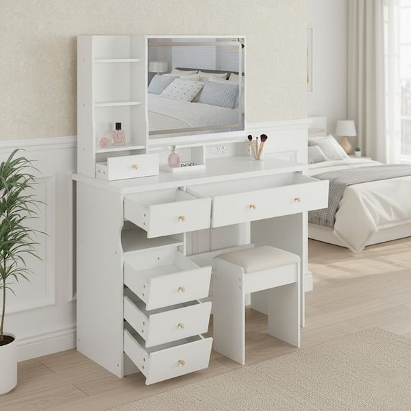 Mory 41 in. White Makeup Vanity Set with Lighted Mirror, Power Outlet, USB Ports, 7-Drawers and Stool