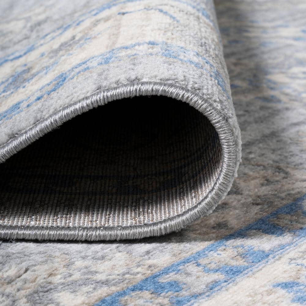 Gray and Blue Floral Synthetic Runner Rug, 2 ft x 8 ft
