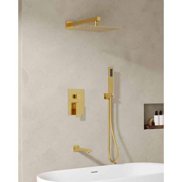 EVERSTEIN 1-Handle 3-Spray Wall Mount Tub and Shower Faucet with 10 in. Rain Shower Head in Brushed Gold (Valve Included)