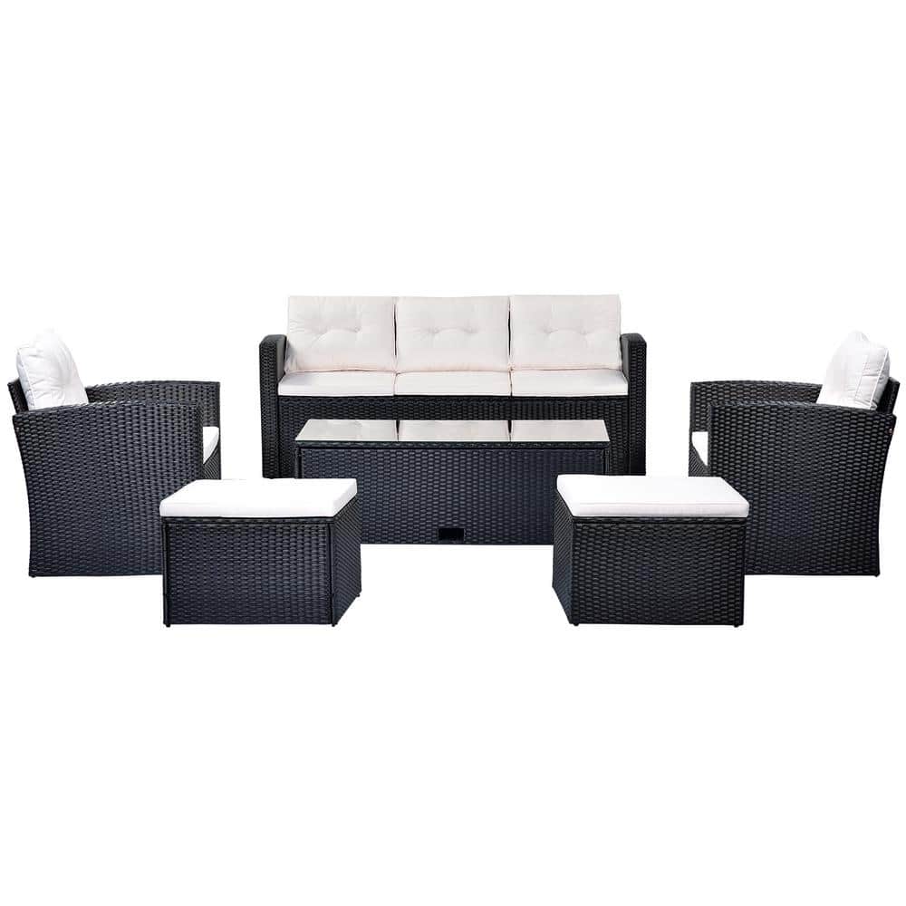 6-Piece PE Wicker Outdoor Patio Conversation Set with Beige Cushions