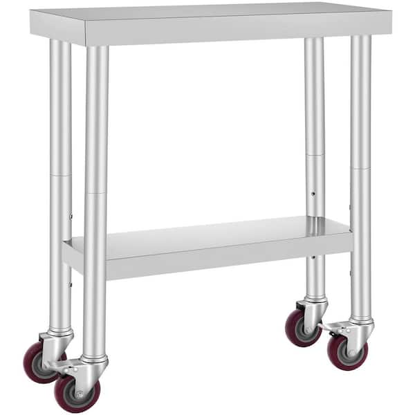 SKYSHALO 30 x 12 x 34 in. Stainless Steel Work Table 3-Stage Adjustable Shelf with 4-Wheels, Kitchen Prep Table, Silver