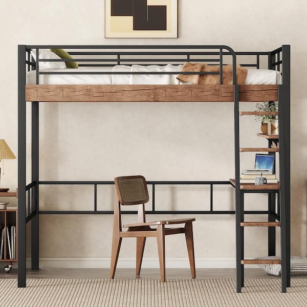 Black Full Metal and Wood Loft Bed with Desk and Ladder