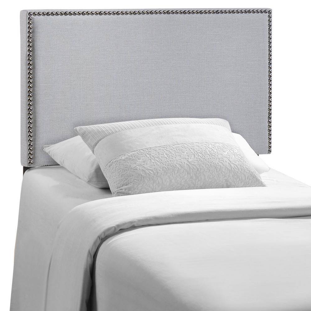 Sky Gray Linen Upholstered Twin Headboard with Nailhead Trim