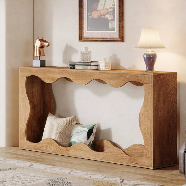 BYBLIGHT Turrella 63 in. Light Brown Console Tables, Rectangle Farmhouse Wooden Console Table with Pedestal for Living Room
