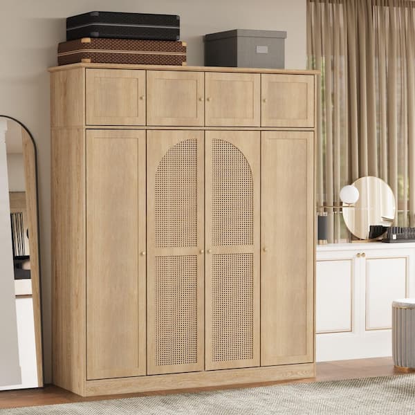 Narsen Country Natural Finish 70.87 in. H Freestanding Clothing Storage Cabinet with Hanging Rod and Adjustable Shelves