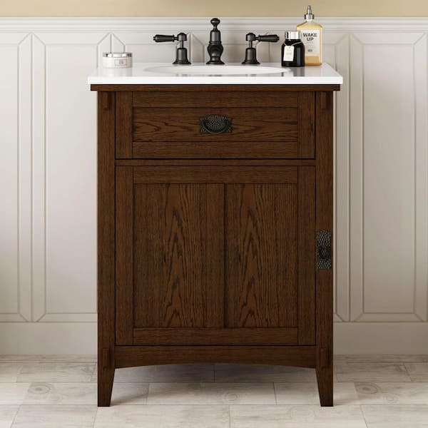Home Decorators Collection Artisan 26 in. Single Sink Dark Oak Bath Vanity with White Marble Top (Assembled)