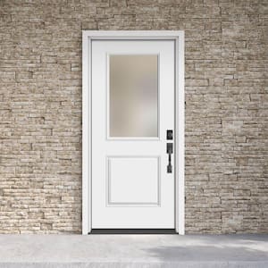 Performance Door System 36 in. x 80 in. 1/2 Lite Pearl Left-Hand Inswing White Smooth Fiberglass Prehung Front Door