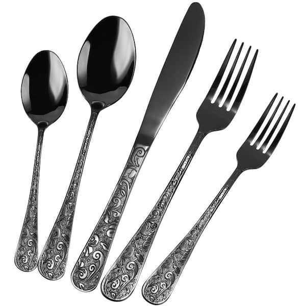 40-Piece Vintage Carved Black Stainless Steel Flatware Set with Knife Fork Spoon (Service for 8), Dishwasher Safe
