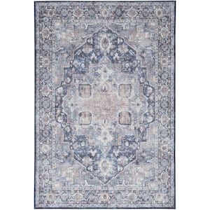 Machine Washable Series 1 Ivory Navy 8 ft. x 10 ft. Distressed Traditional Area Rug