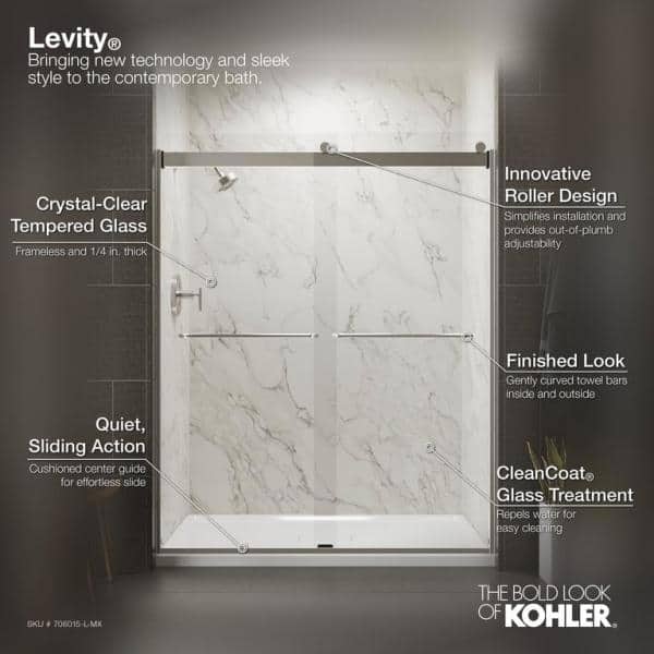 Levity Bright Silver 59.63" x 74" Sliding Shower Door with Crystal Clear Glass