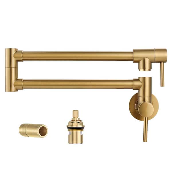 Wall-Mounted Pot Filler Faucet with Dual Handles and 360° Swing in Gold