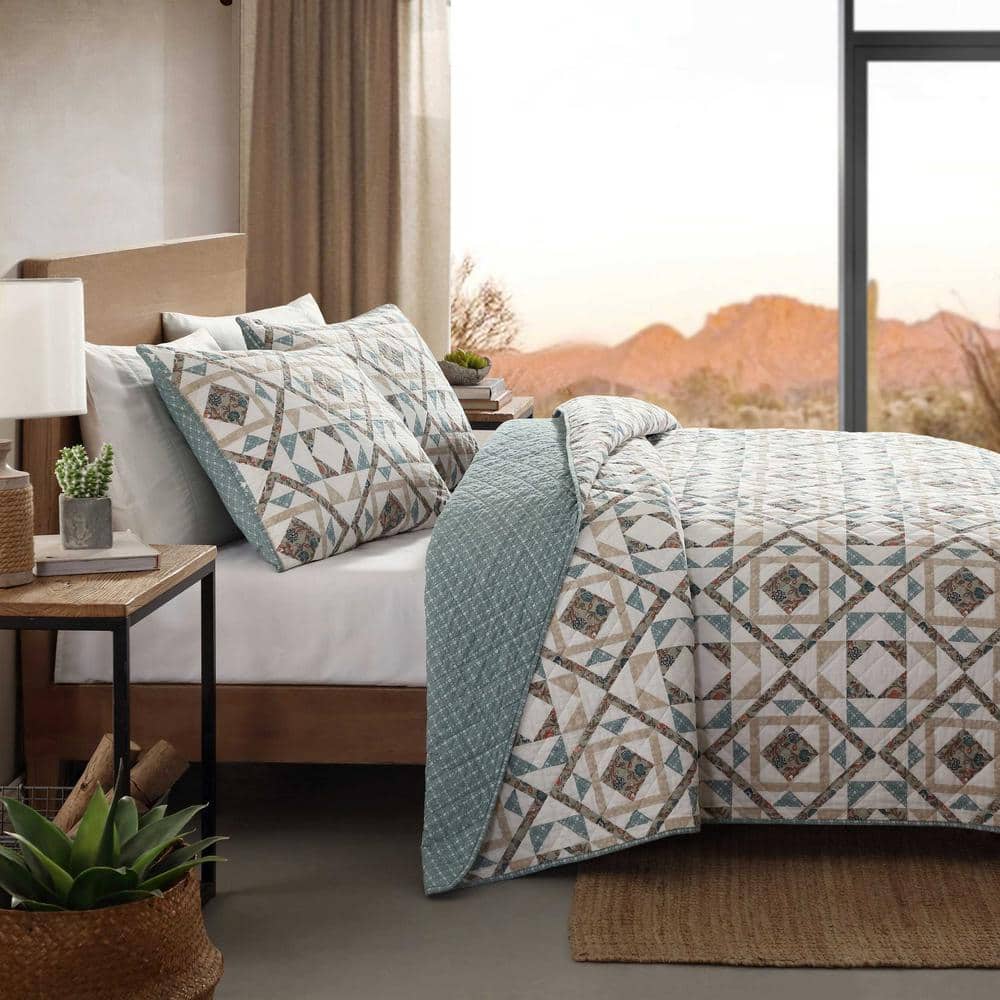 Annie Blue and Beige Cotton Twin Reversible Quilt Set