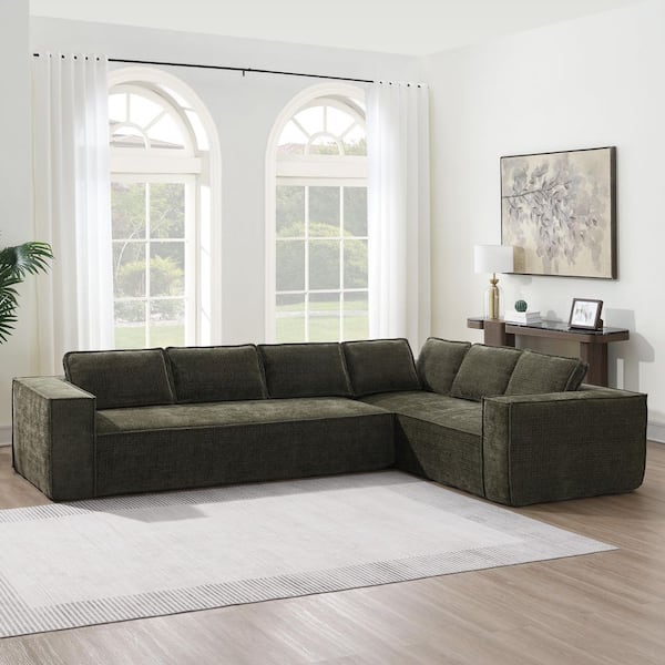 129.5 in.  Square Arm Chenille L-Shaped Sofa in Green (Seats 6)