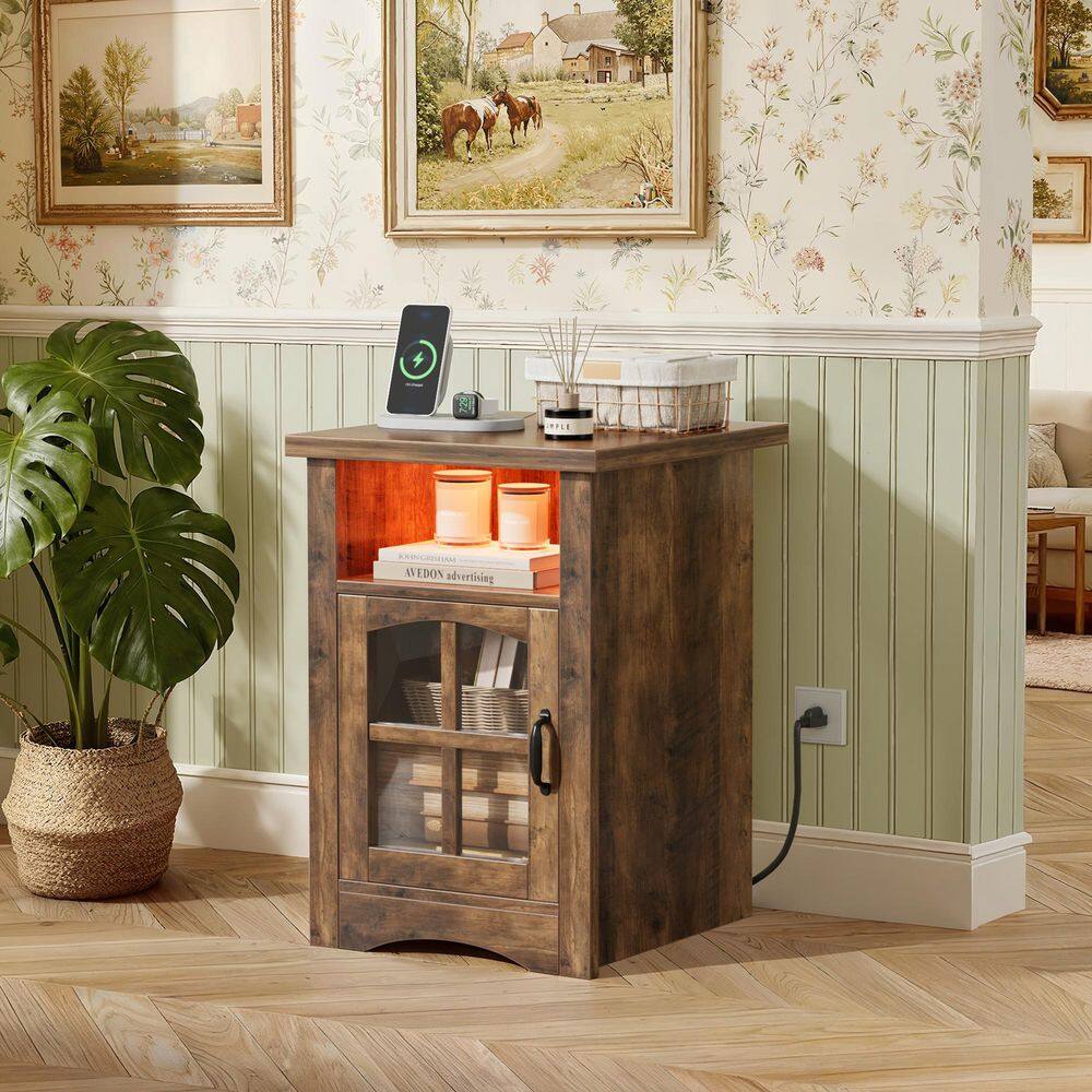 Brown LED Nightstand with Charging Station, Side Table with USB Ports Storage Shelf and Cabinet For Bedroom price history on PriceWatchPro