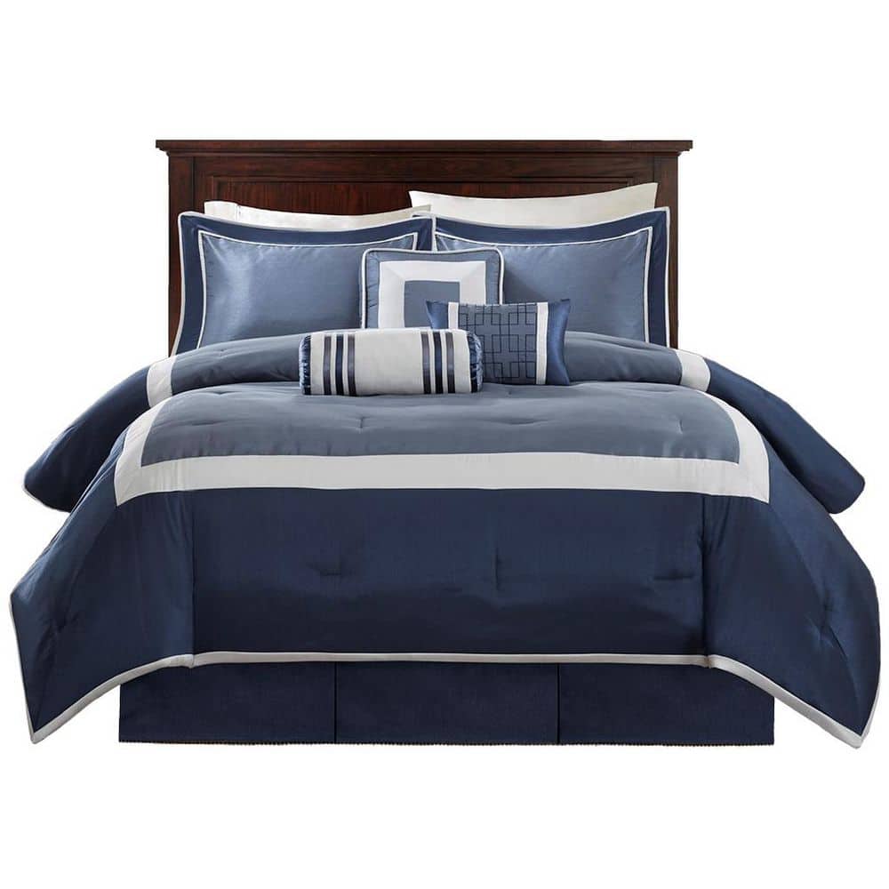 Genevieve 7-Piece Queen Comforter Set-Navy, Silver Colorblock