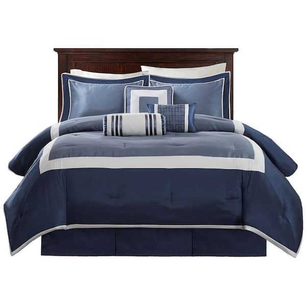掛け布団 7点セット Genevieve/Blue 海外クイーンサイズ Genevieve 7-Piece Queen Comforter Set-Navy, Silver Colorblock