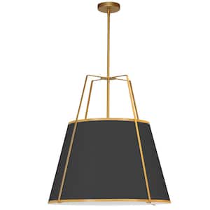 Trapezoid 3-Light Gold Frame Pendant with Black Fabric Shade