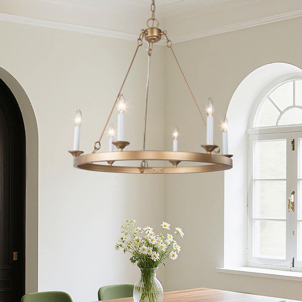 Mid-century Traditional Brass Wagon Wheel Chandelier, 6-Light Gold Kitchen Island Dining Room Candlestick Chandelier price history on PriceWatchPro