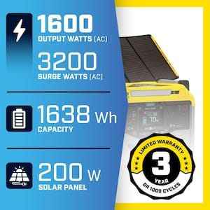 1638-Wh Power Station 3200/1600-Watt Portable Lithium-Ion Battery Solar Generator with 200-Watt Portable Solar Panels