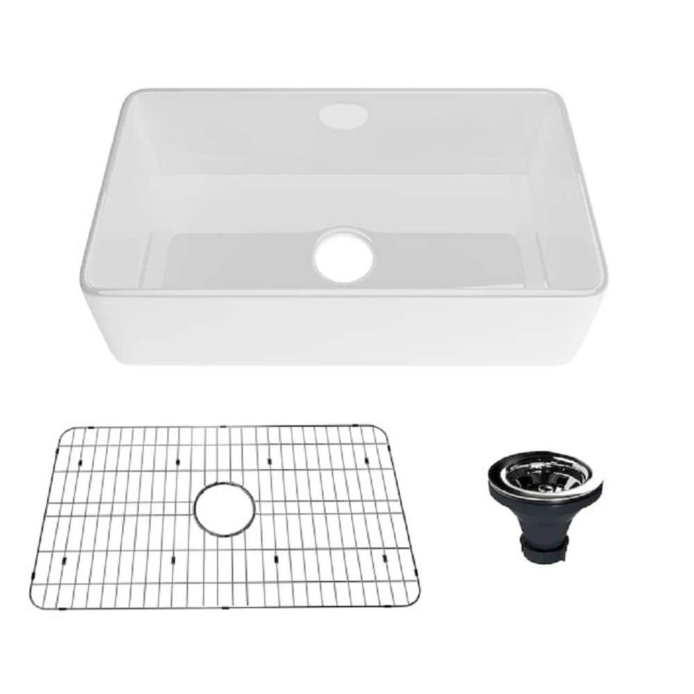 Glossy White Fireclay Single Bowl Farmhouse Kitchen Sink with Accessories