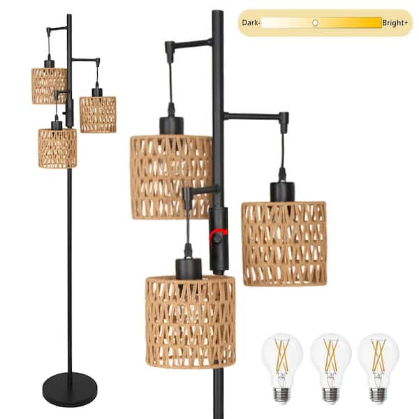 Pia Ricco 65.03 in. 3-Light Brown Dimming Tree Floor Lamp With shade(Buld included)