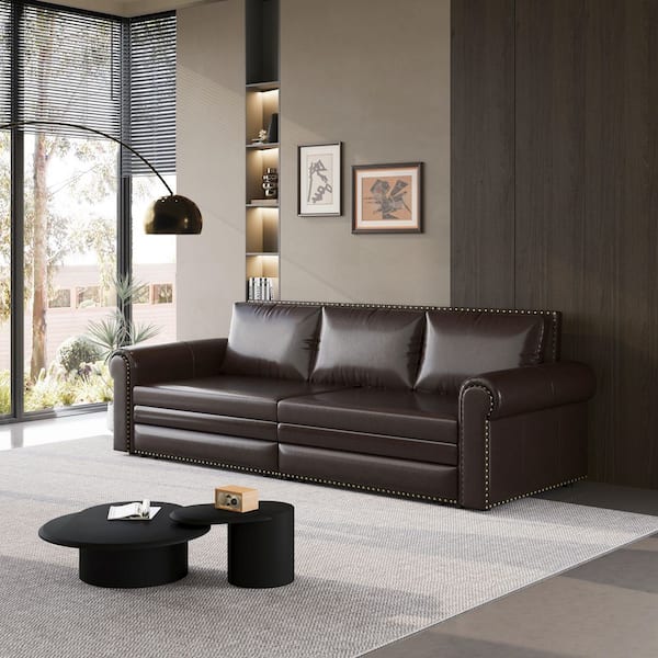 3-in-1 Convertible 94 in. W Dark Brown Faux Leather King Size Sleeper Sofa Bed with 3-Pillows for Living Room