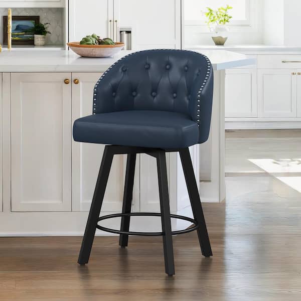 LUE BONA Arturo 26 in.Navy Blue Faux Leather Upholstered Swivel Bar Stool with Metal Frame Nailhead Counter Height Barstool