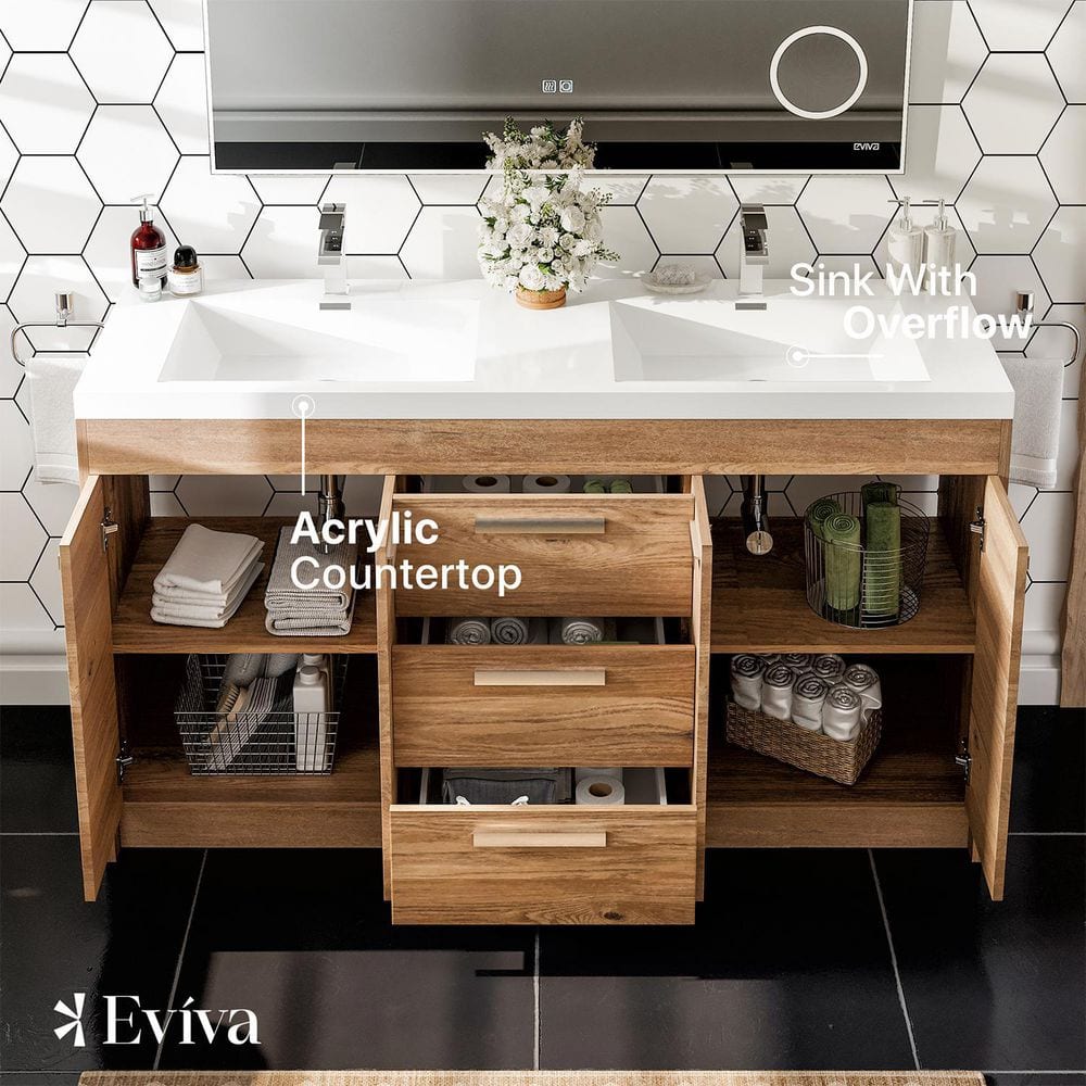 Lugano 60" Natural Oak Double Sink Vanity with White Top